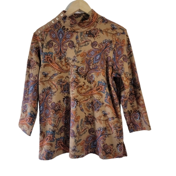 NEW ESTATE By Isaac M Brown Paisley High-neck Blouse Sz M Long Sleeve Fall Boho - Picture 1 of 12